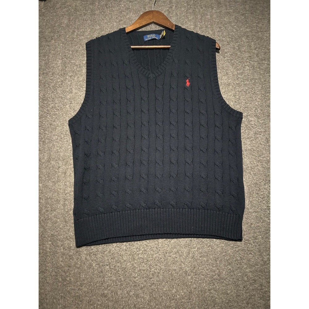 Polo ralph lauren cable knit blue pony sweater vest size XL cotton
